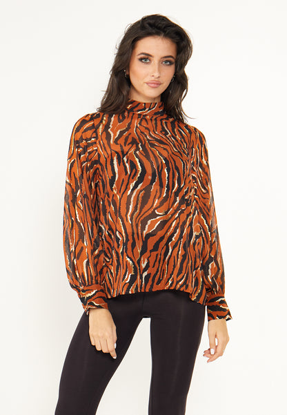 Zebra High Neck Chiffon Blouse in Brown - ANGELEYE