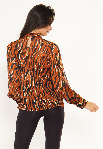 Zebra High Neck Chiffon Blouse in Brown - ANGELEYE