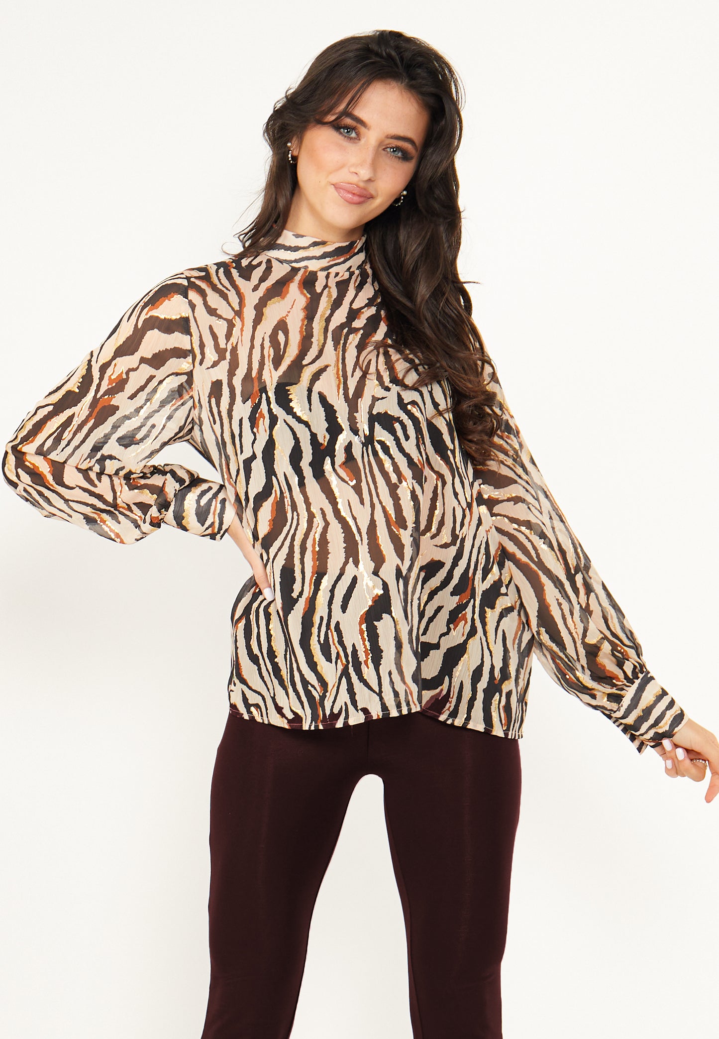 Zebra High Neck Chiffon Blouse in Cream