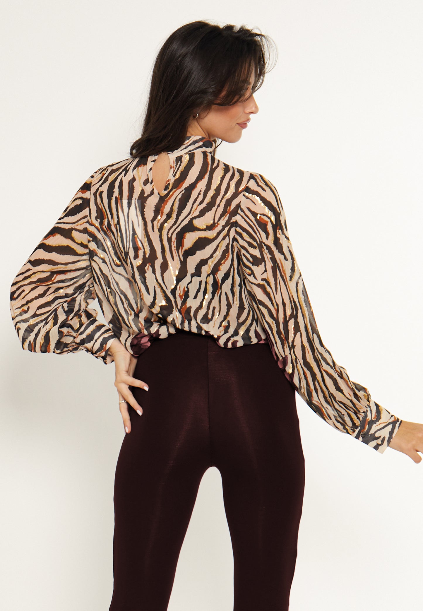 Zebra High Neck Chiffon Blouse in Cream