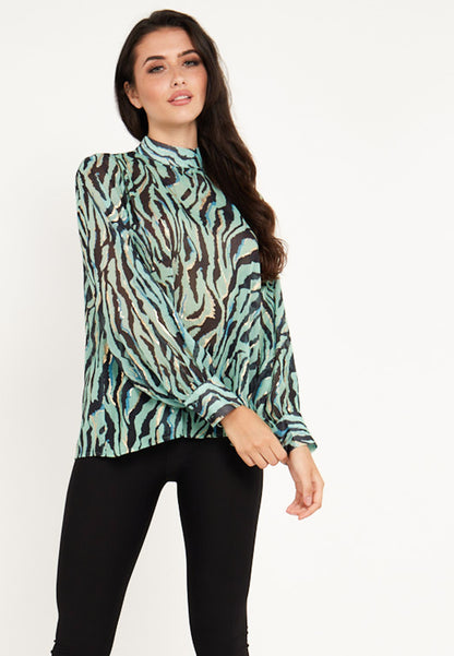 Zebra High Neck Chiffon Blouse in Green - ANGELEYE