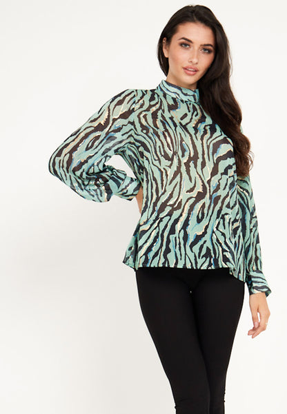 Zebra High Neck Chiffon Blouse in Green - ANGELEYE