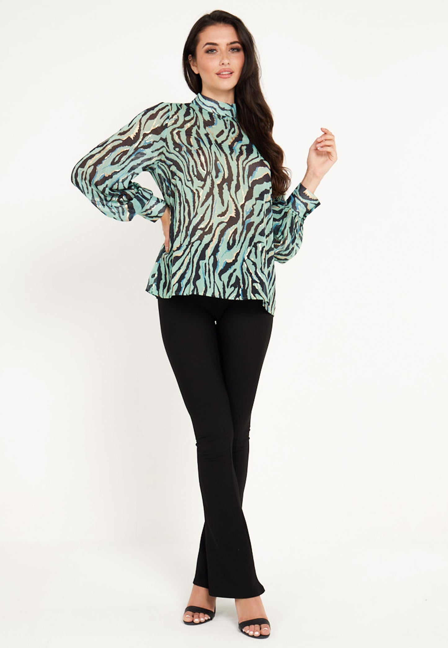 Zebra High Neck Chiffon Blouse in Green