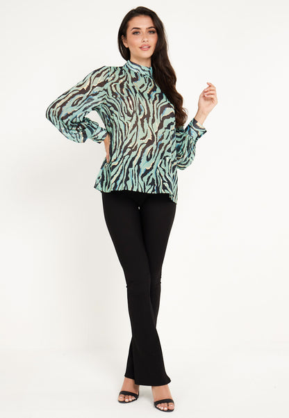 Zebra High Neck Chiffon Blouse in Green - ANGELEYE