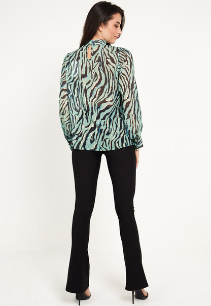 Zebra High Neck Chiffon Blouse in Green - ANGELEYE