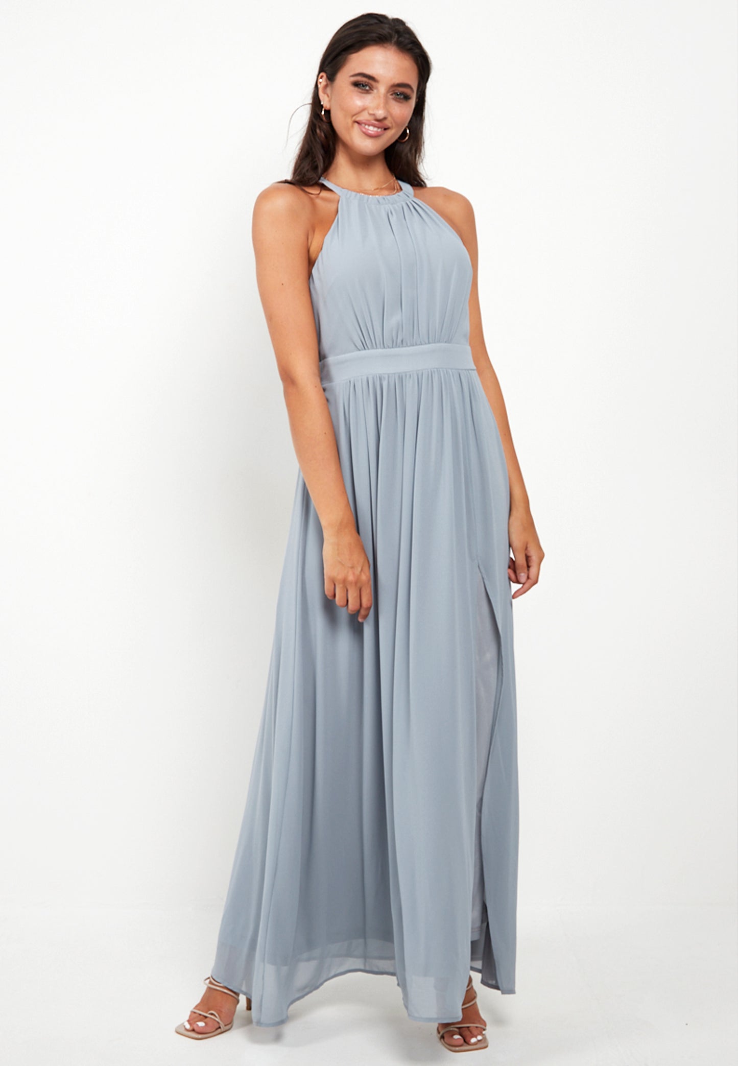 Halter Neck Maxi Dress With Leg Slit In Grey