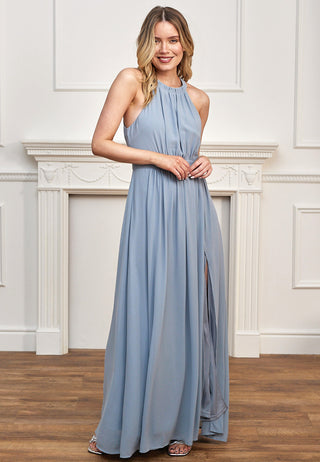 Halter Neck Maxi Dress With Leg Slit in Blue Grey - ANGELEYE