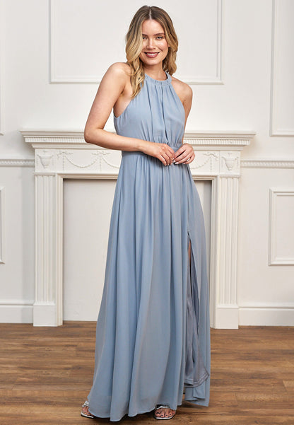 Halter Neck Maxi Dress With Leg Slit in Blue Grey