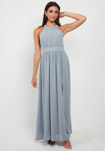 Halter Neck Maxi Dress With Leg Slit In Grey