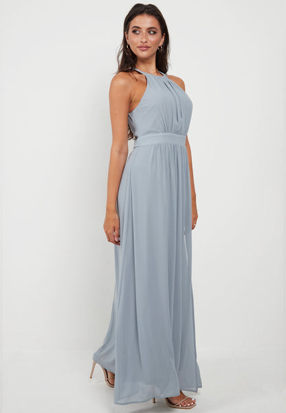 Halter Neck Maxi Dress With Leg Slit In Grey