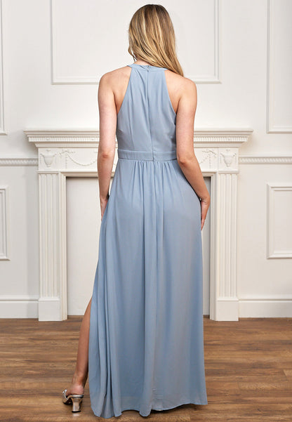 Halter Neck Maxi Dress With Leg Slit in Blue Grey