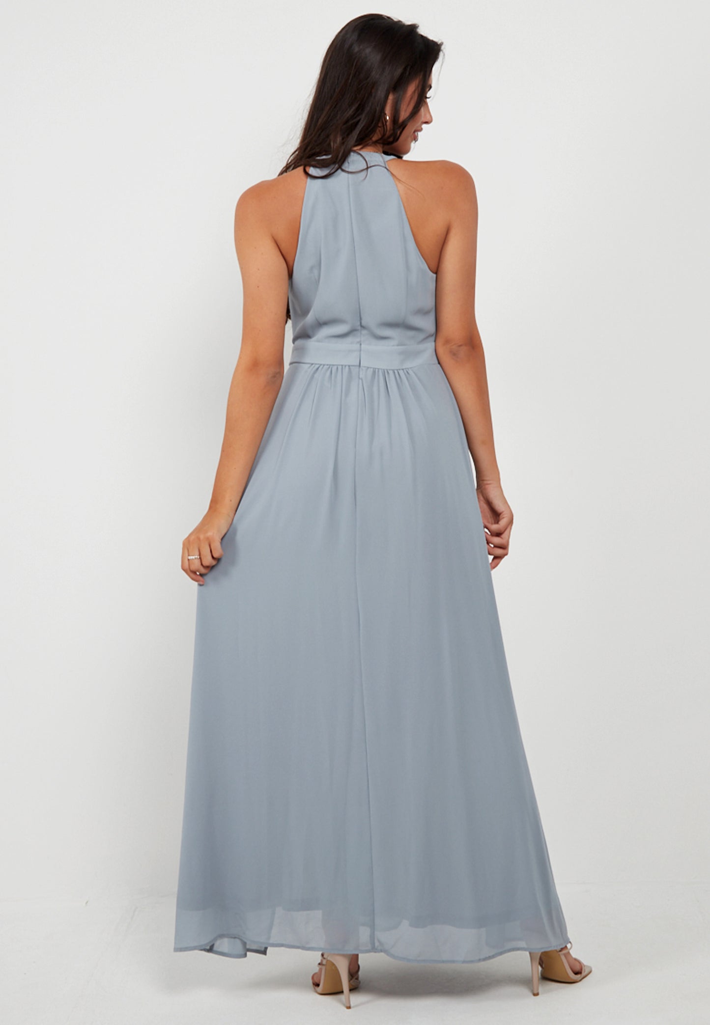 Halter Neck Maxi Dress With Leg Slit In Grey