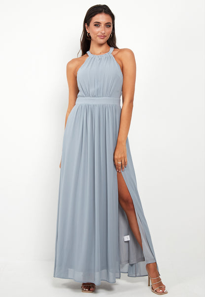 Halter Neck Maxi Dress With Leg Slit In Grey