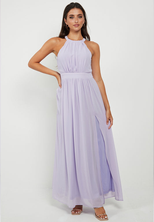 Halter Neck Maxi Dress With Leg Slit In Lavender