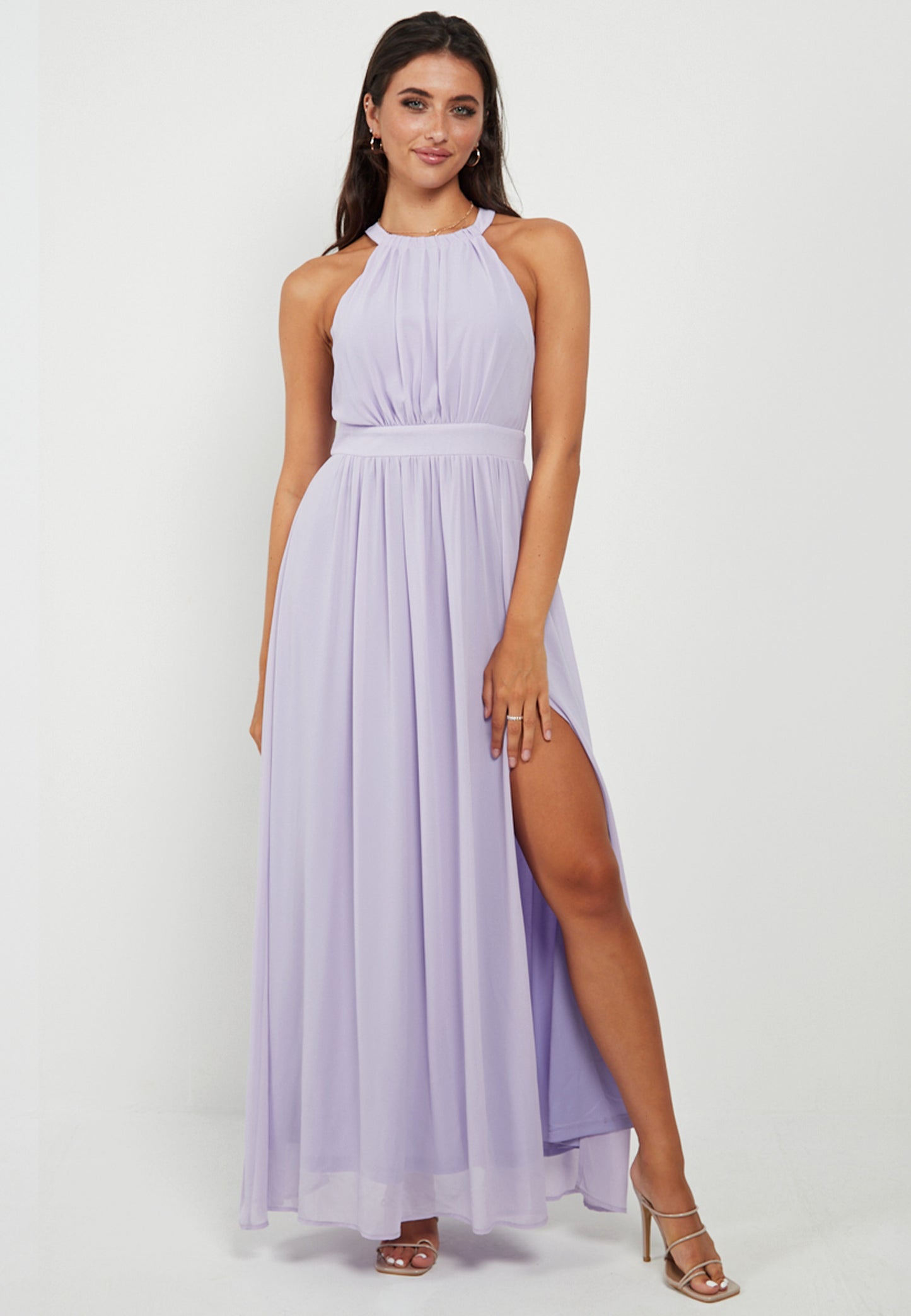 Halter Neck Maxi Dress With Leg Slit In Lavender