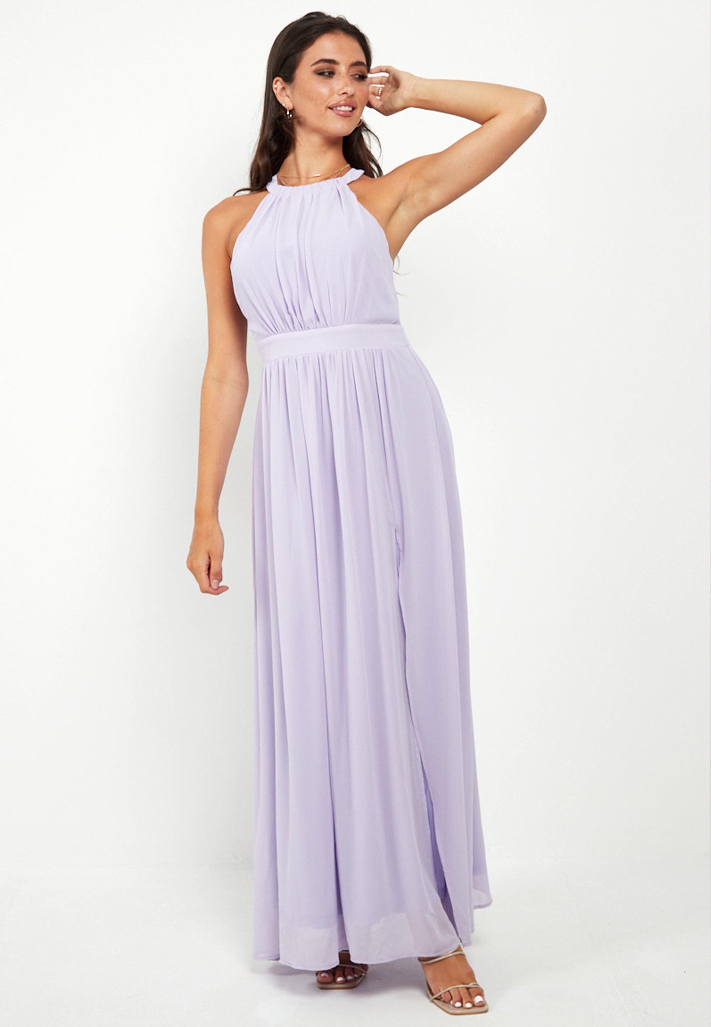 Halter Neck Maxi Dress With Leg Slit In Lavender