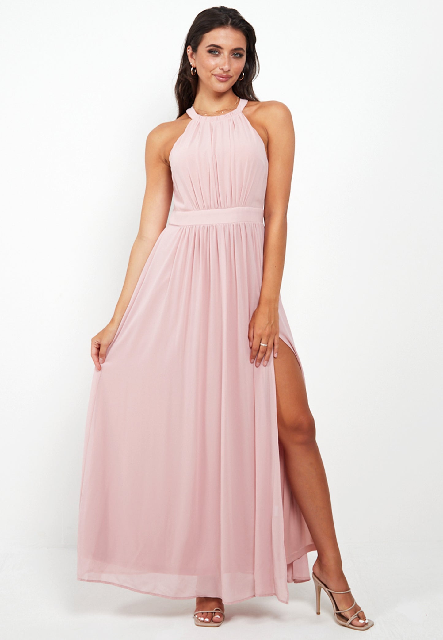 Halter Neck Maxi Dress With Leg Slit In Pink