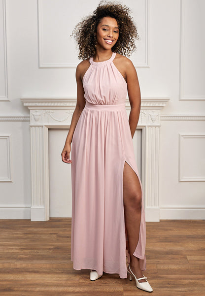 Halter Neck Maxi Dress With Leg Slit In Pink