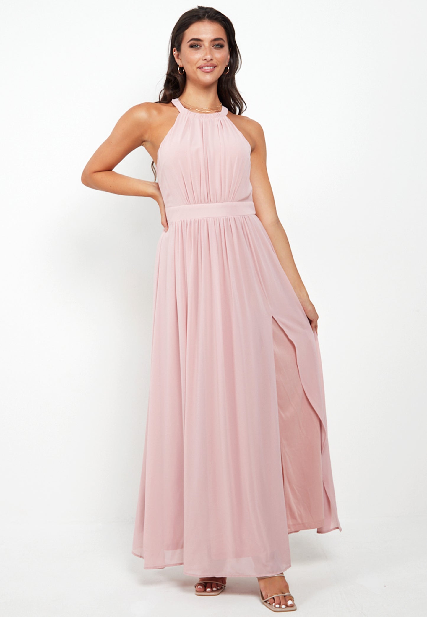 Halter Neck Maxi Dress With Leg Slit In Pink