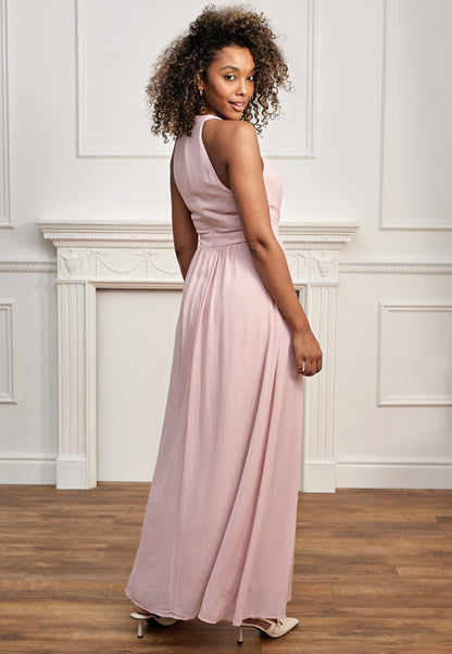 Halter Neck Maxi Dress With Leg Slit In Pink