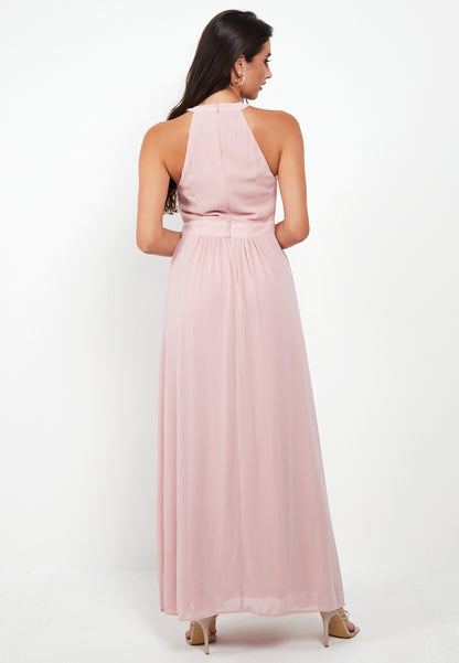 Halter Neck Maxi Dress With Leg Slit In Pink