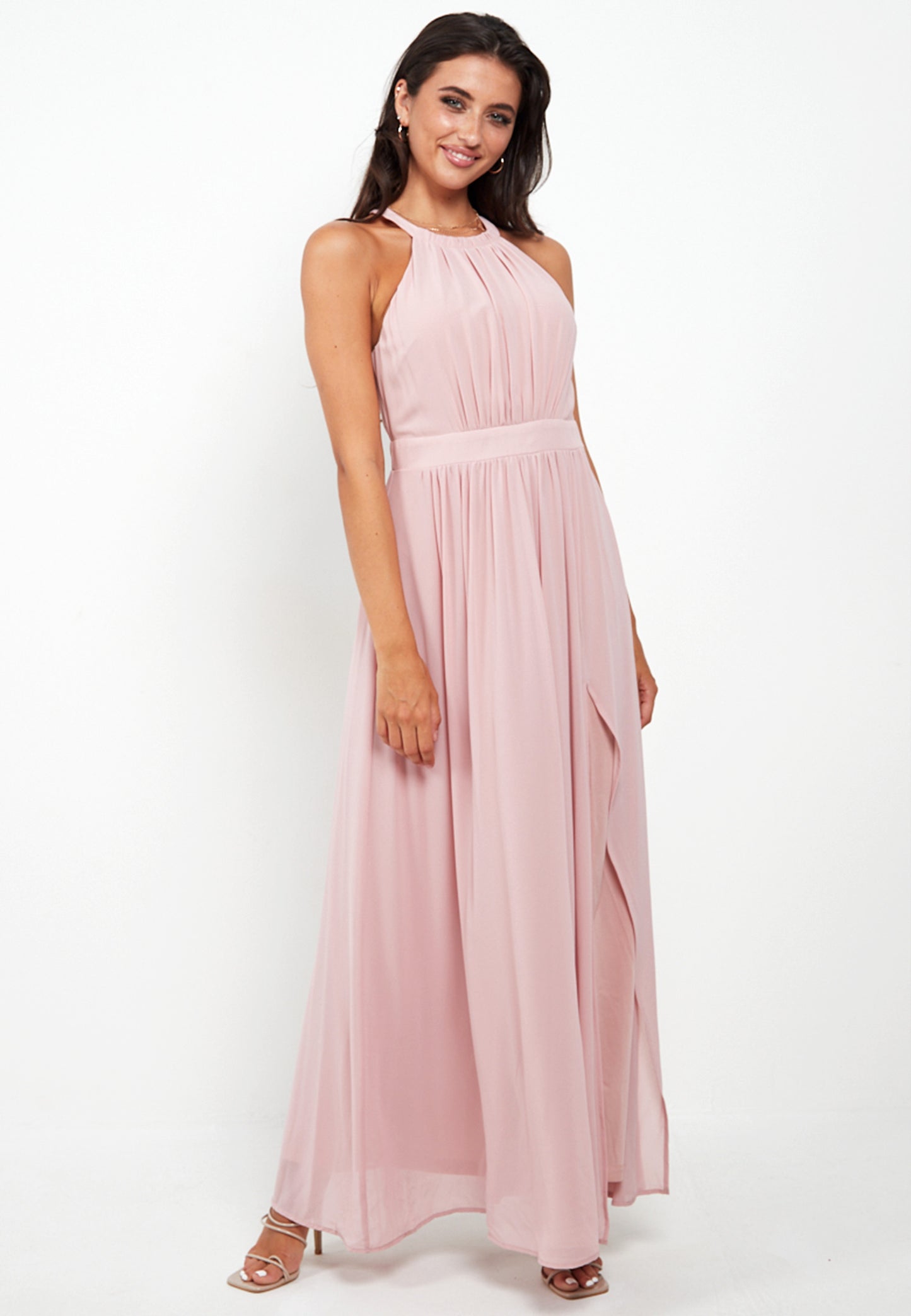 Halter Neck Maxi Dress With Leg Slit In Pink