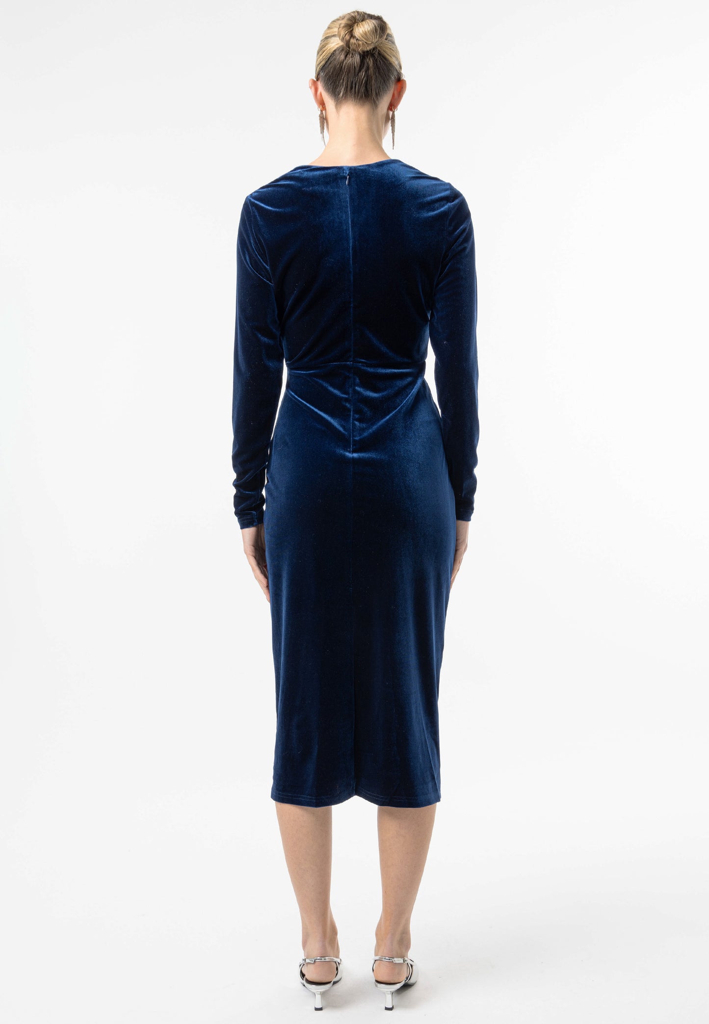 Velvet Long Sleeve Faux Wrap Midi Dress in Navy