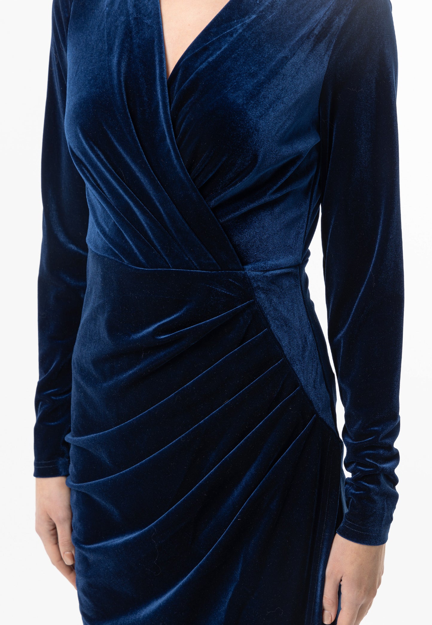 Velvet Long Sleeve Faux Wrap Midi Dress in Navy