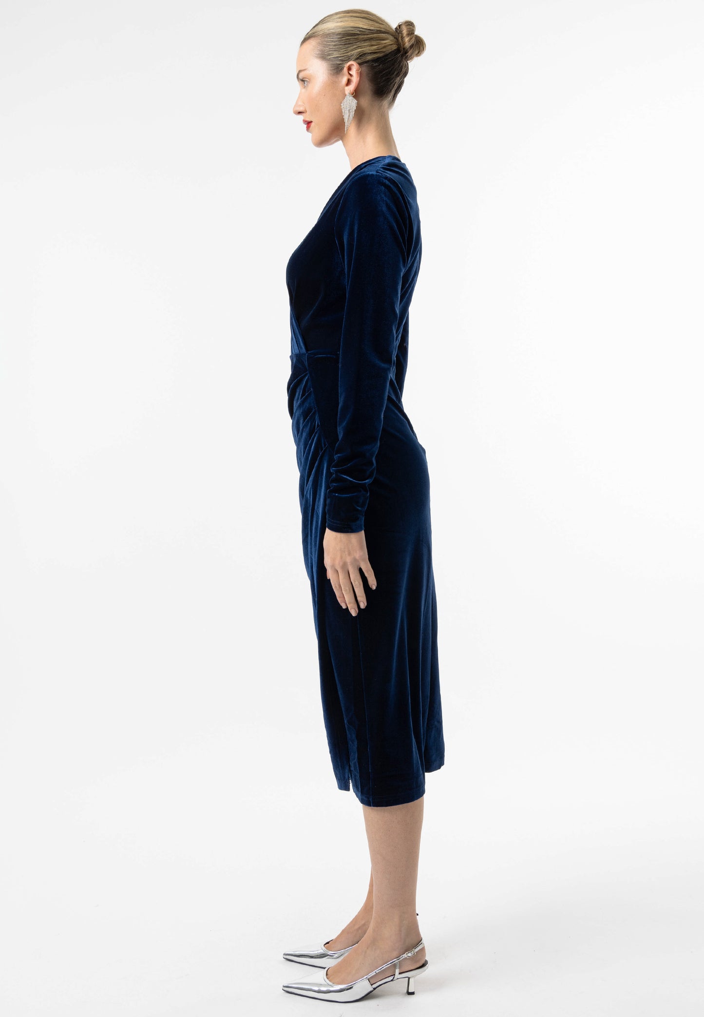 Velvet Long Sleeve Faux Wrap Midi Dress in Navy