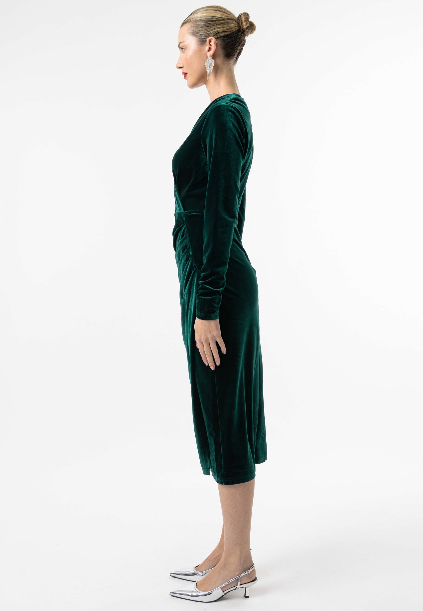 Velvet Long Sleeve Faux Wrap Midi Dress in Green