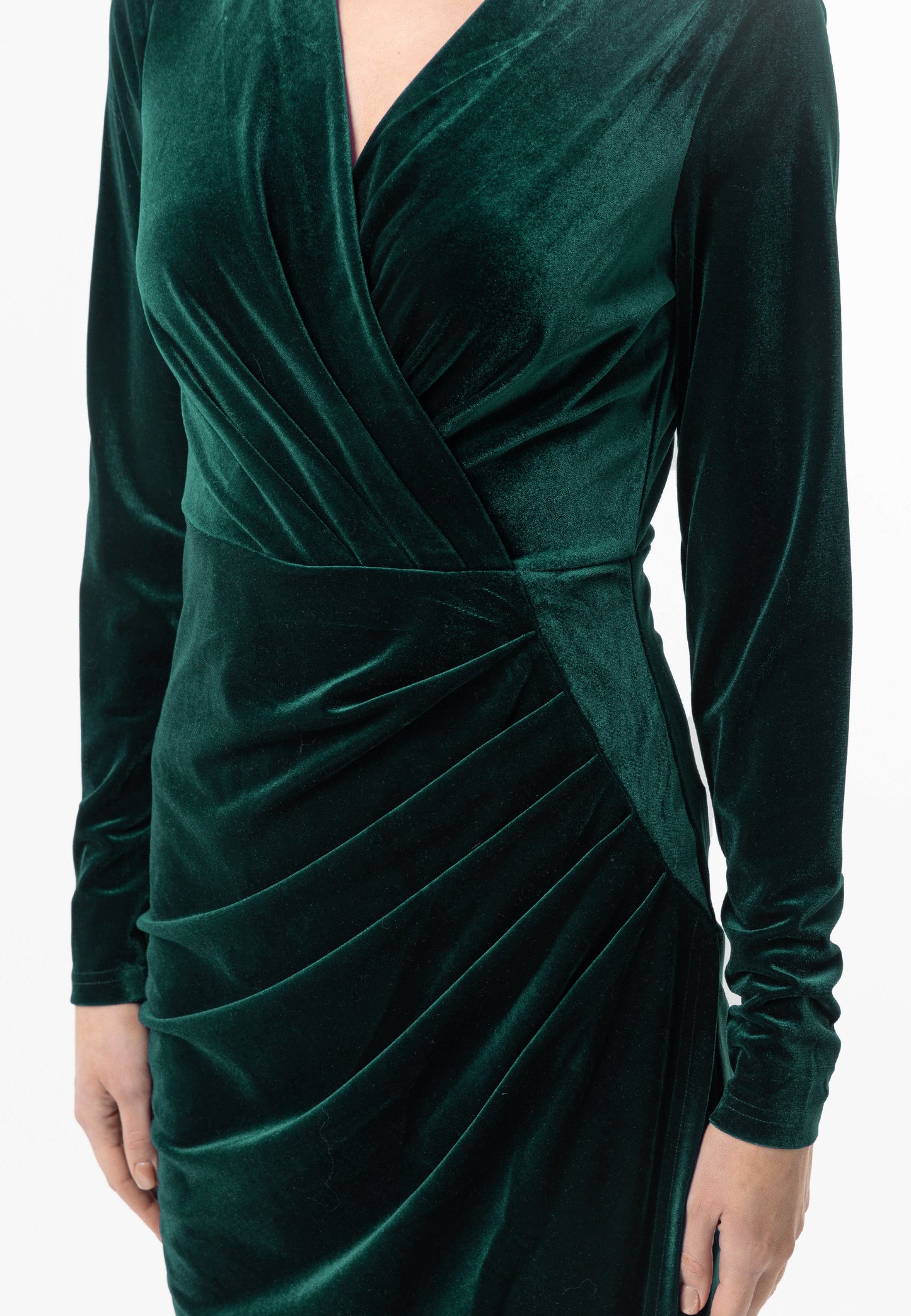 Velvet Long Sleeve Faux Wrap Midi Dress in Green