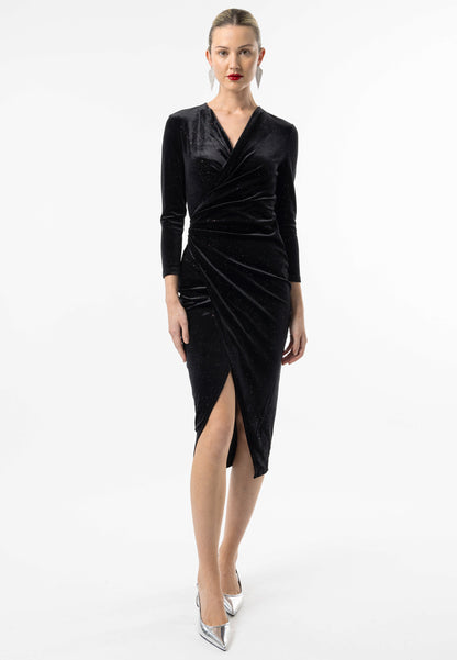 Shimmer Velvet 3/4 Sleeve Midi Wrap Dress in Black - ANGELEYE