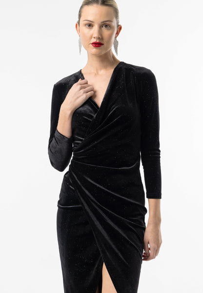 Shimmer Velvet 3/4 Sleeve Midi Wrap Dress in Black - ANGELEYE