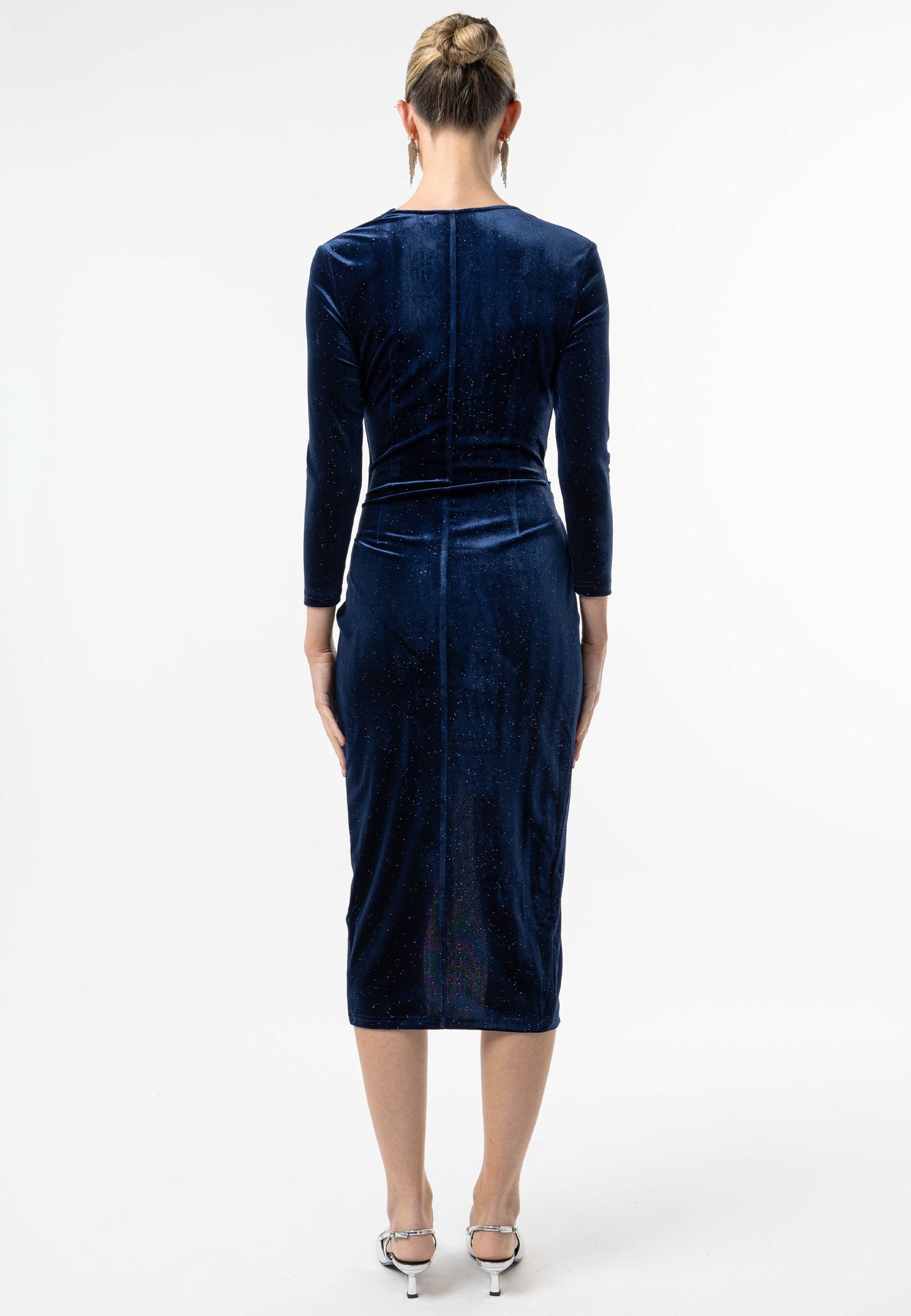 Shimmer Velvet 3/4 Sleeve Midi Wrap Dress in Navy