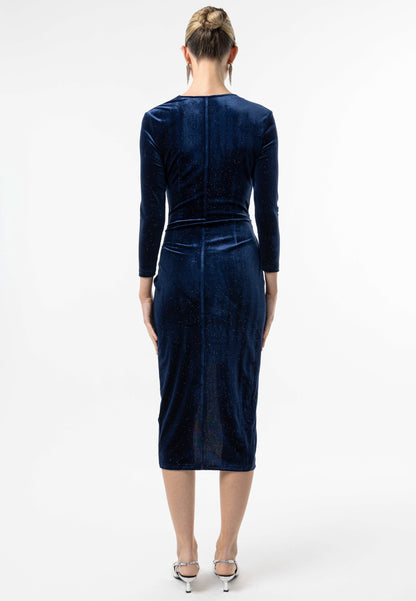 Shimmer Velvet 3/4 Sleeve Midi Wrap Dress in Navy - ANGELEYE