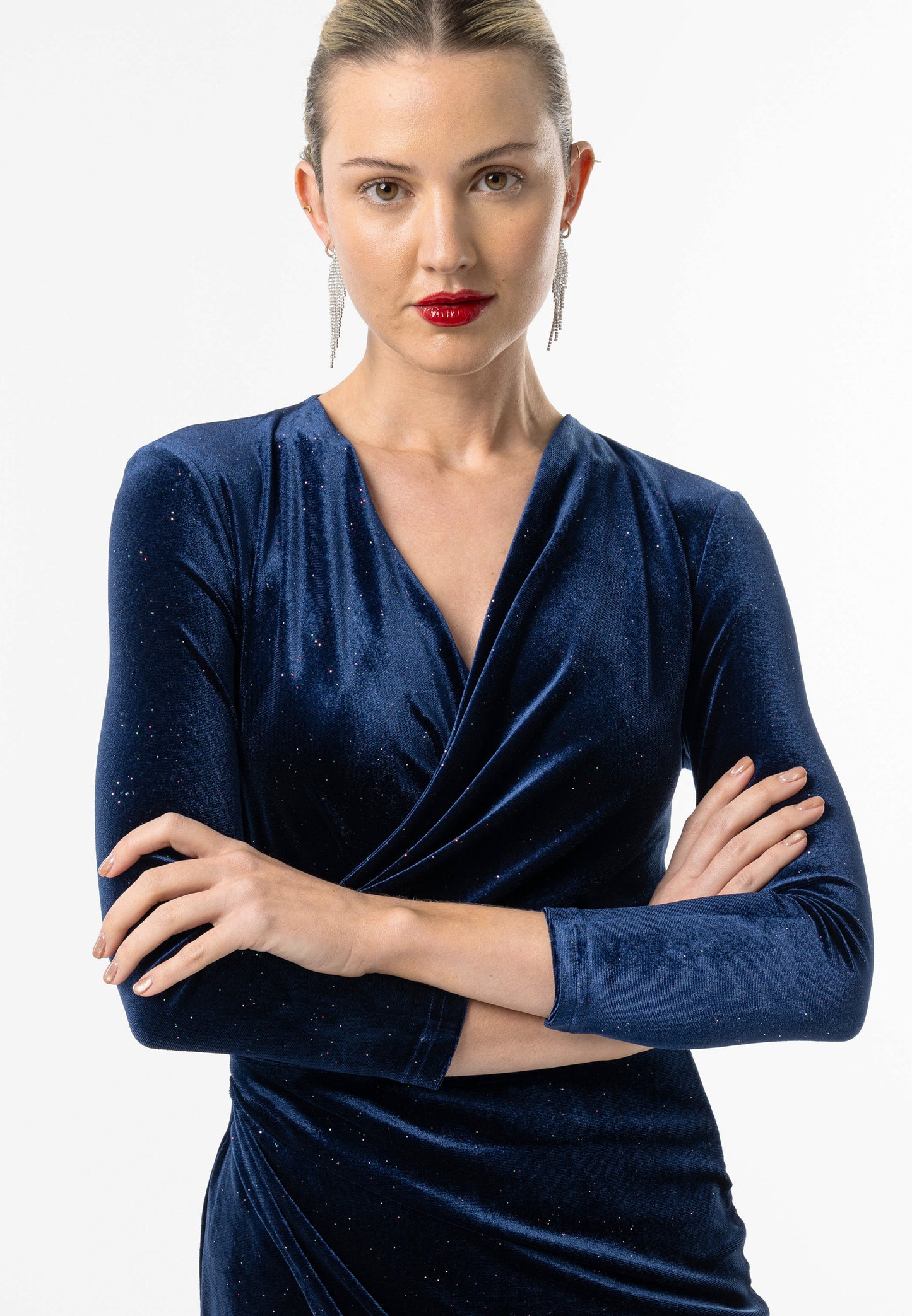 Shimmer Velvet 3/4 Sleeve Midi Wrap Dress in Navy