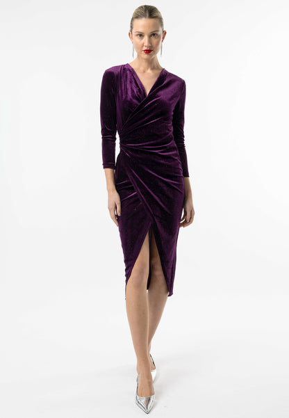 Shimmer Velvet 3/4 Sleeve Midi Wrap Dress in Purple - ANGELEYE