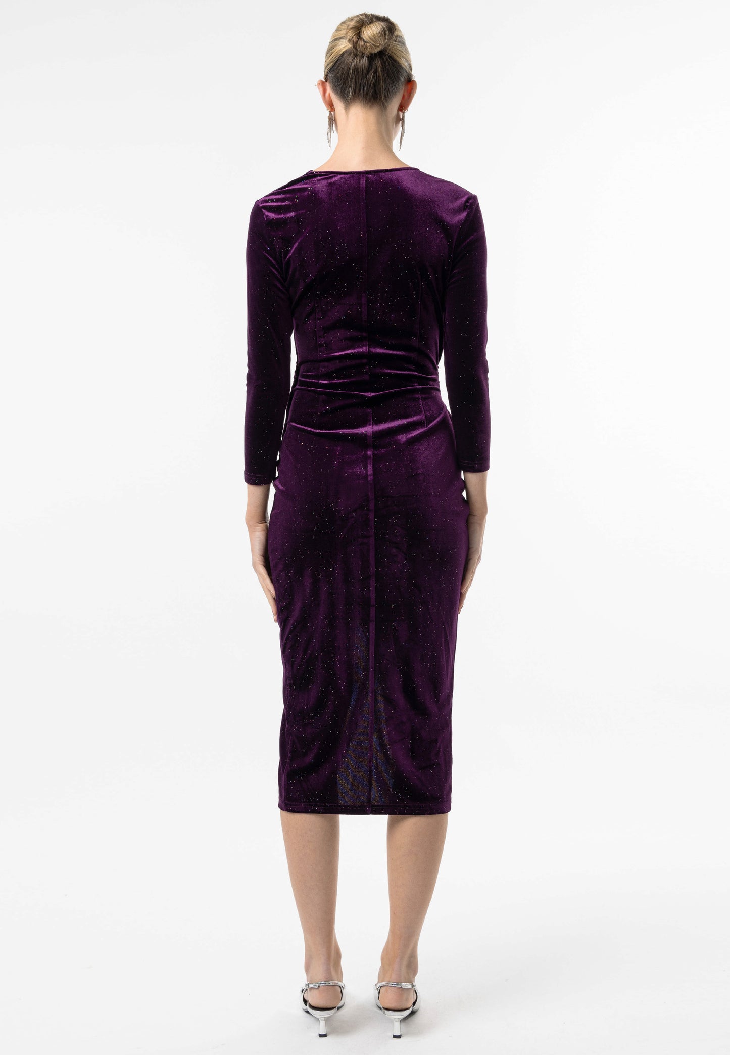 Shimmer Velvet 3/4 Sleeve Midi Wrap Dress in Purple