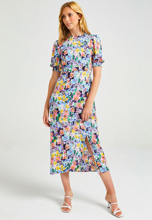 Short Sleeve Midi Dress With Leg Slit In Multi Floral Print