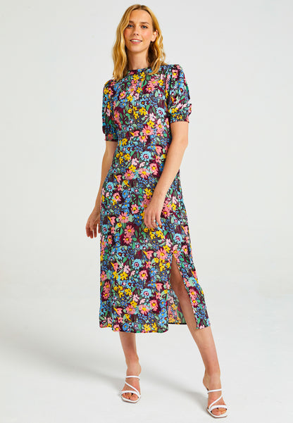 Short Sleeve Midi Dress With Leg Slit In Navy Floral Print