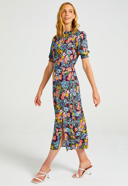 Short Sleeve Midi Dress With Leg Slit In Navy Floral Print