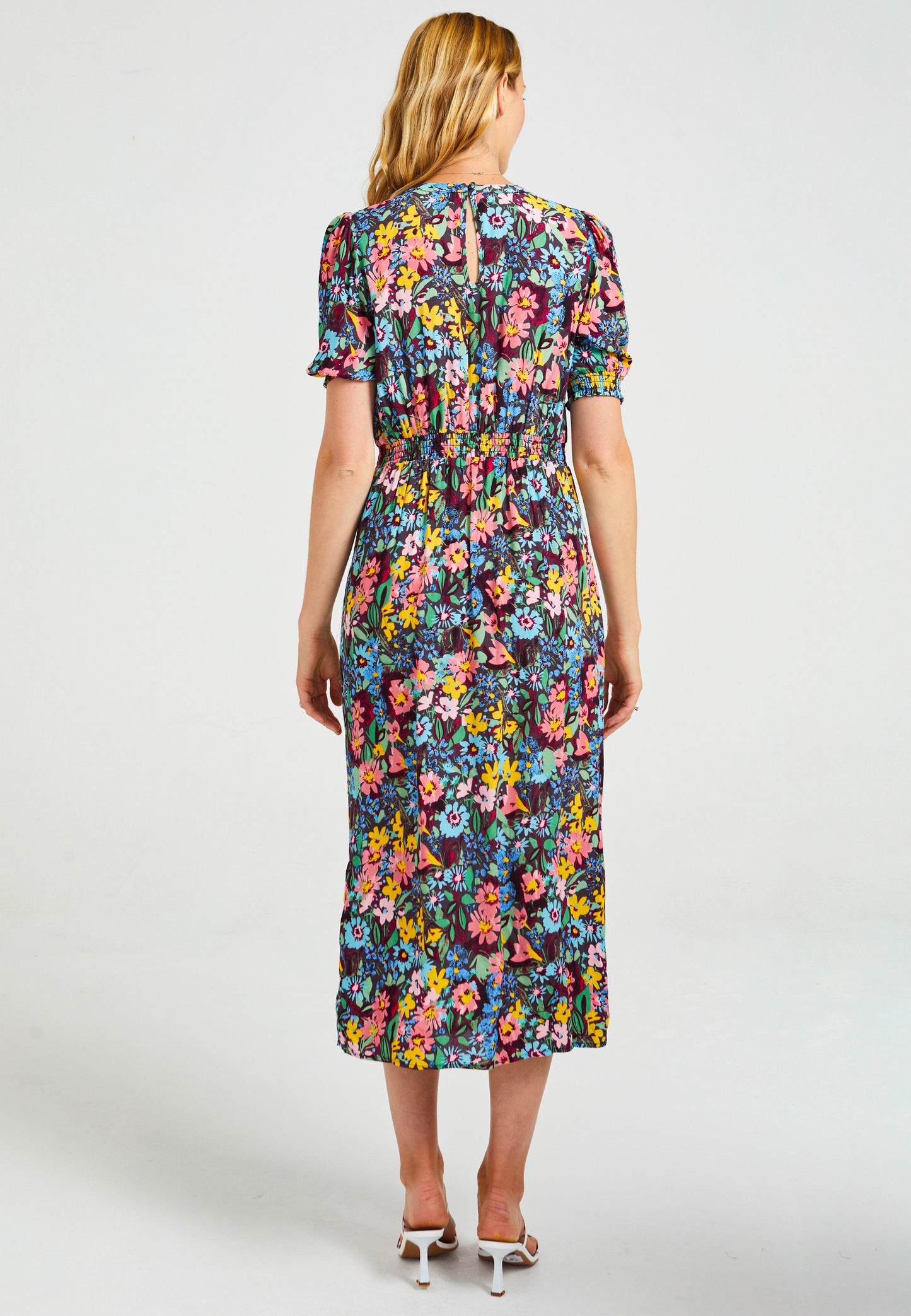 Short Sleeve Midi Dress With Leg Slit In Navy Floral Print