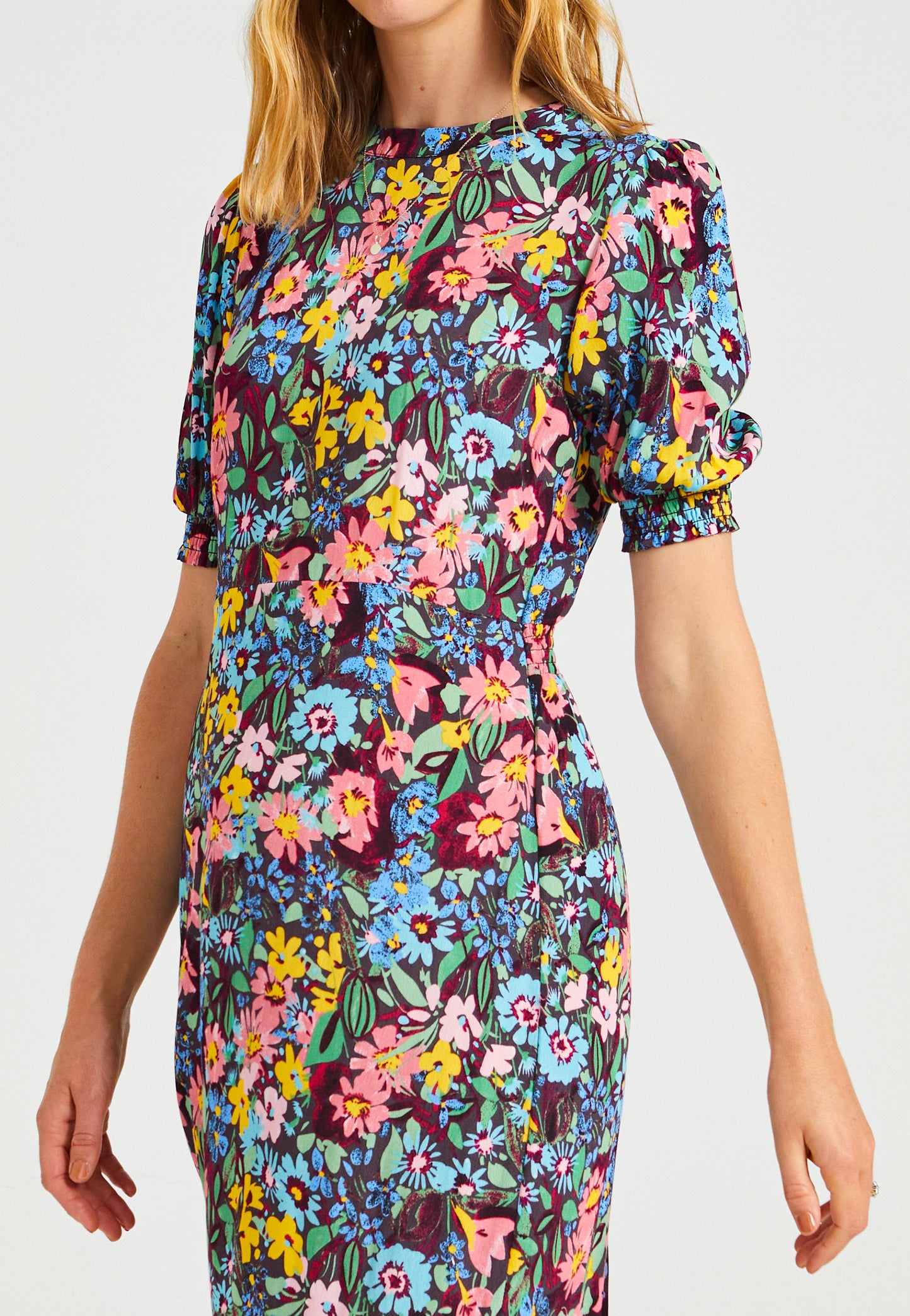 Short Sleeve Midi Dress With Leg Slit In Navy Floral Print