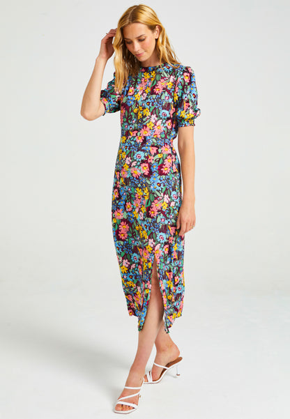 Short Sleeve Midi Dress With Leg Slit In Navy Floral Print