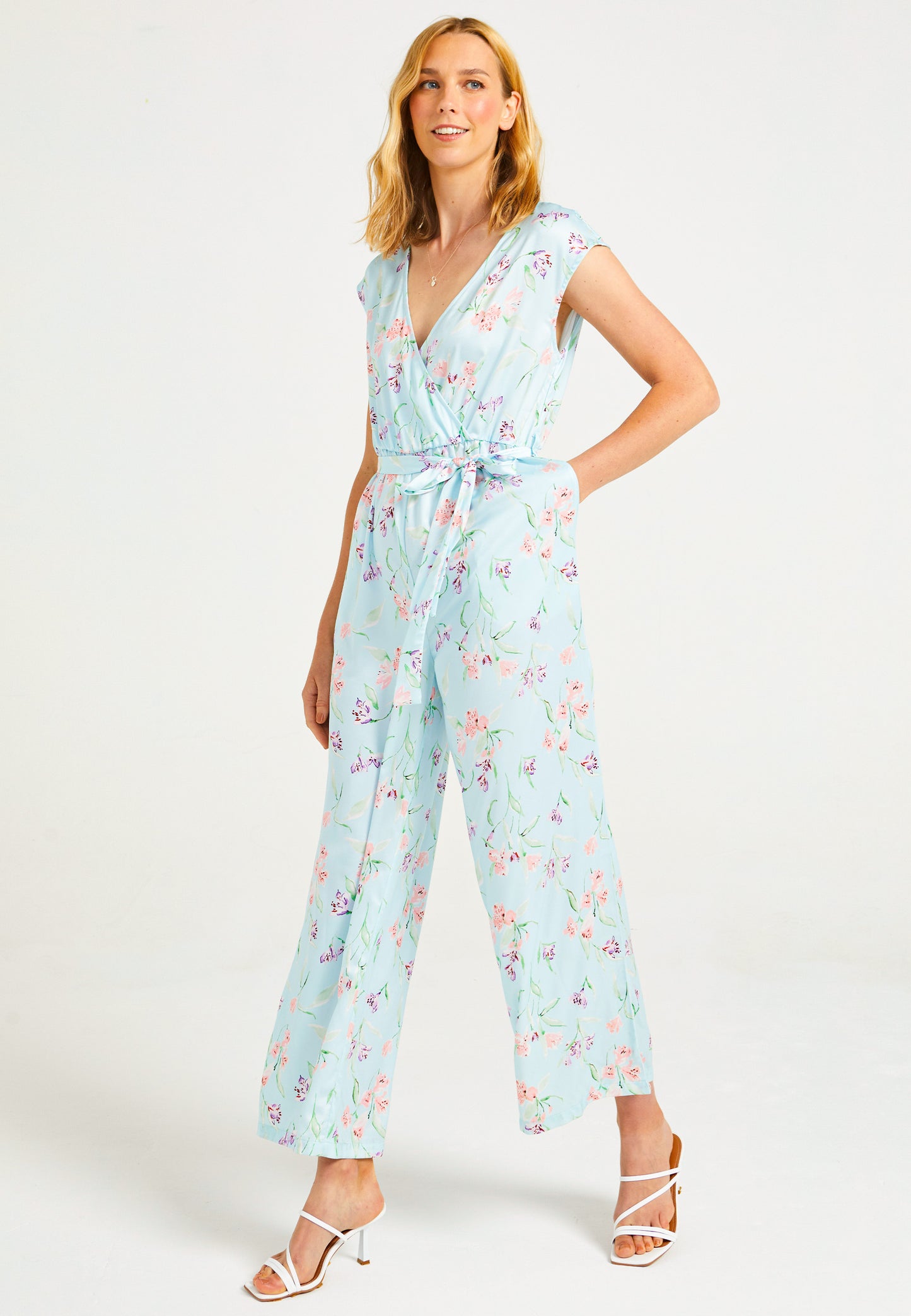 Wrap Top Wide Leg Jumpsuit in Blue Floral Print - ANGELEYE