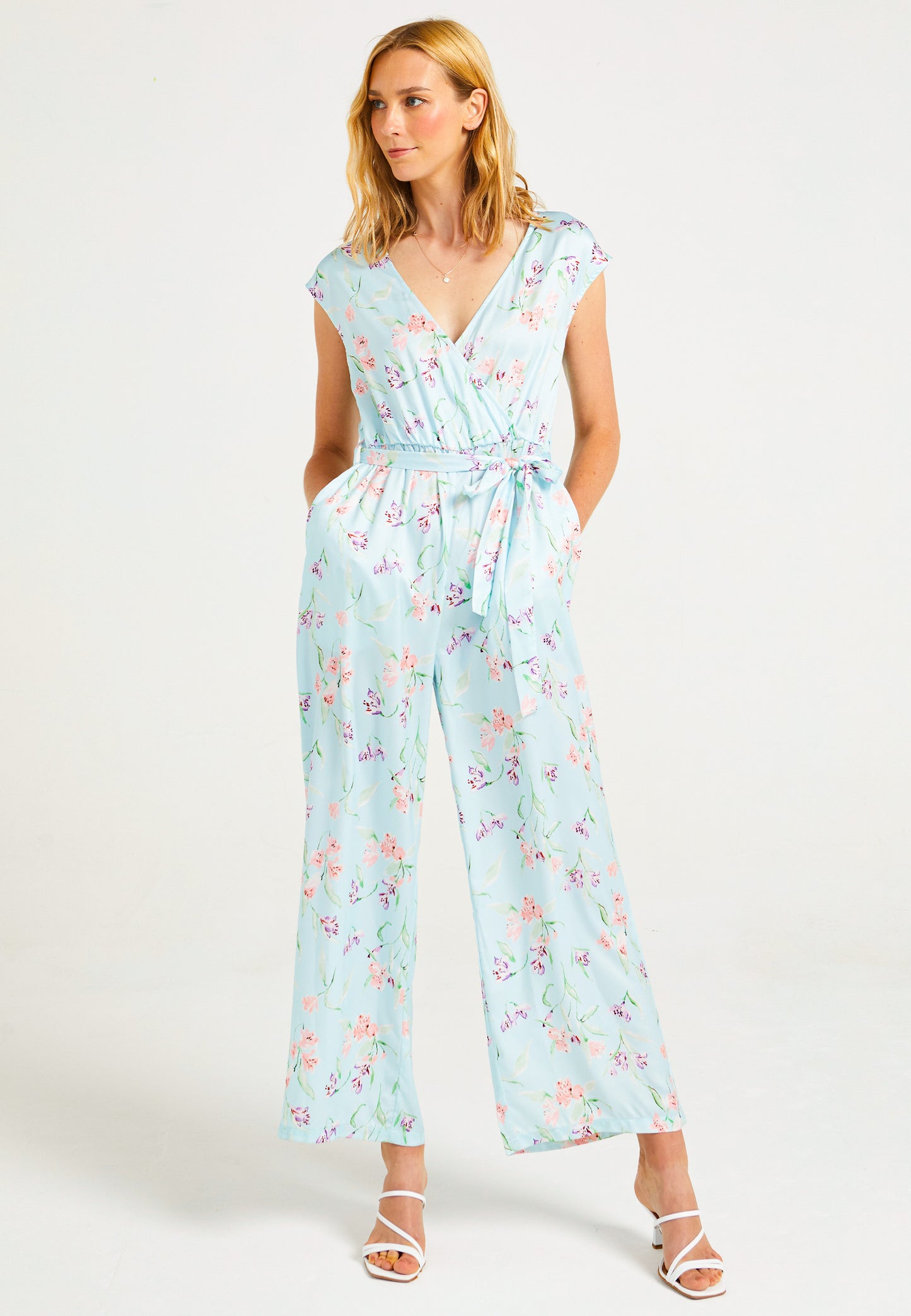 Wrap Top Wide Leg Jumpsuit in Blue Floral Print - ANGELEYE