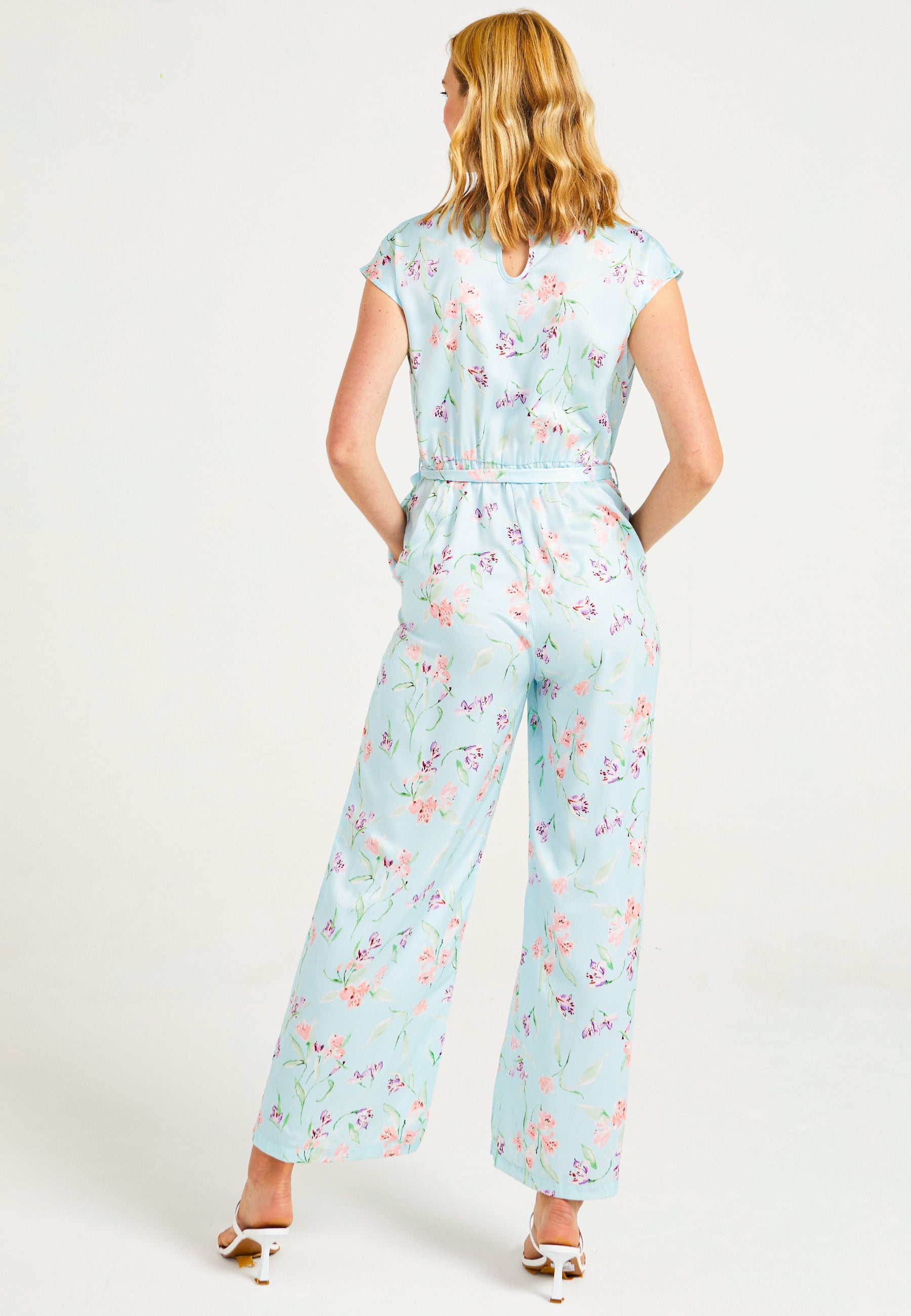 Wrap Top Wide Leg Jumpsuit in Blue Floral Print - ANGELEYE