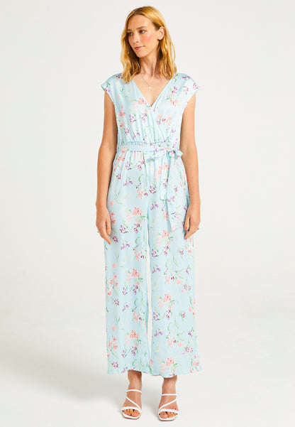 Wrap Top Wide Leg Jumpsuit in Blue Floral Print - ANGELEYE