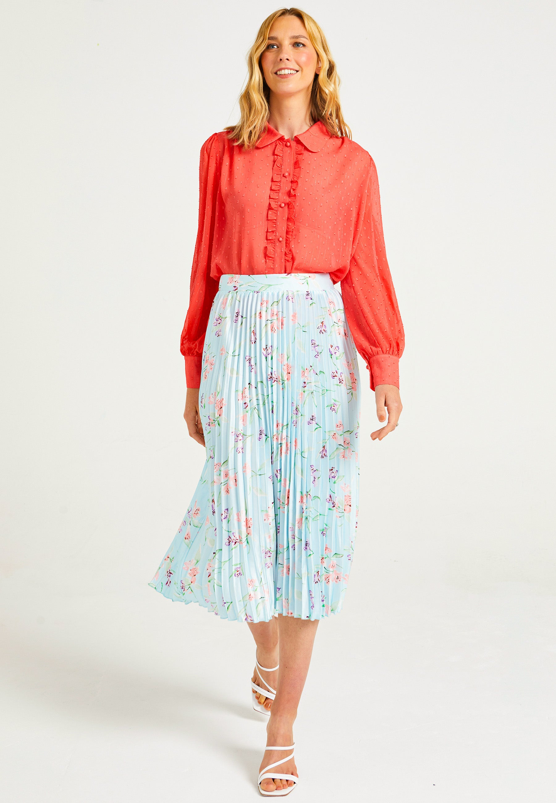 Pleated Midi Skirt in Blue Floral Print - ANGELEYE