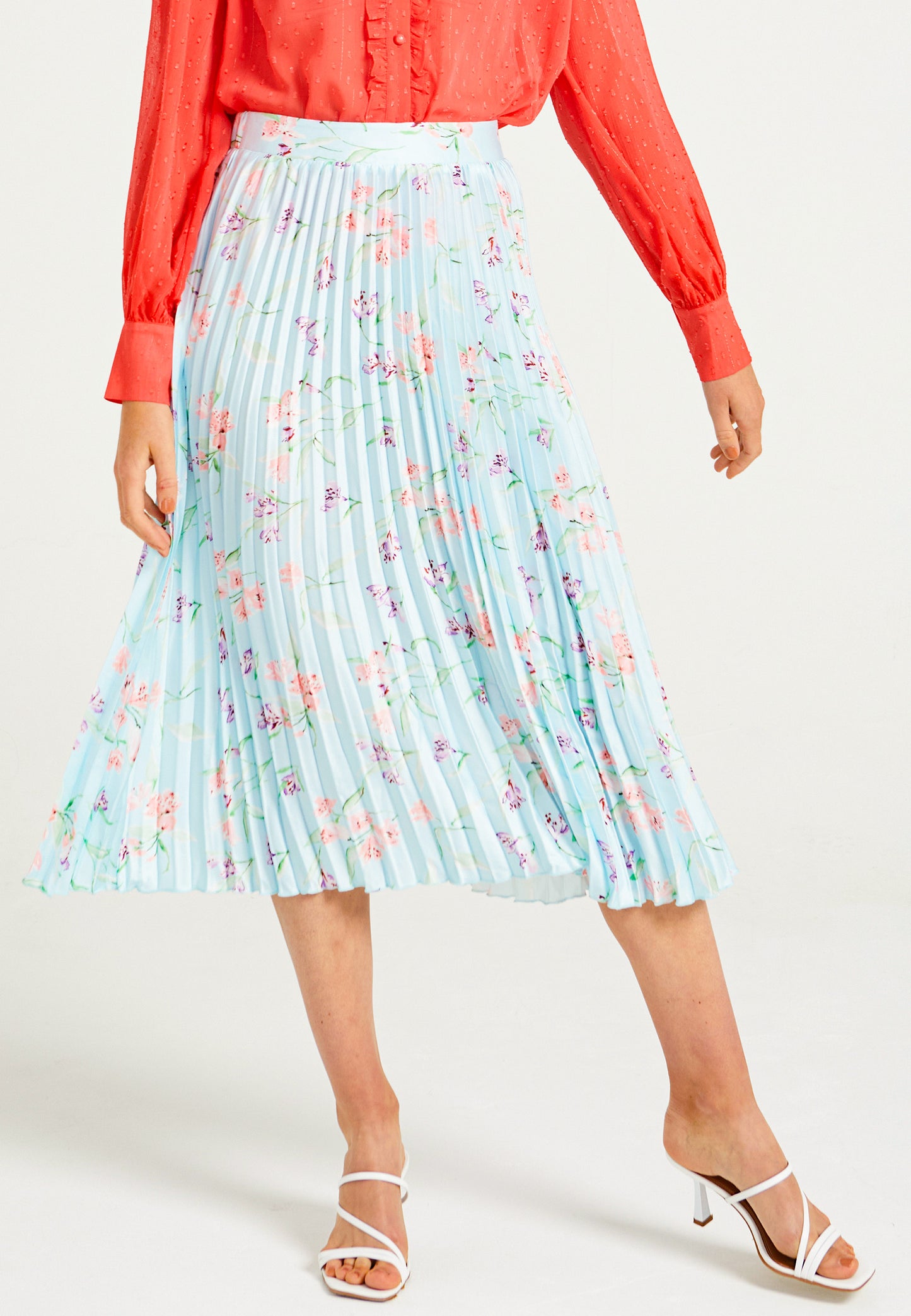 Pleated Midi Skirt in Blue Floral Print - ANGELEYE